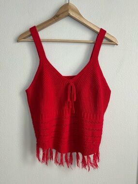 Red Crochet Knit Sweater Tank Top Fringe Pointed Hem Size XL